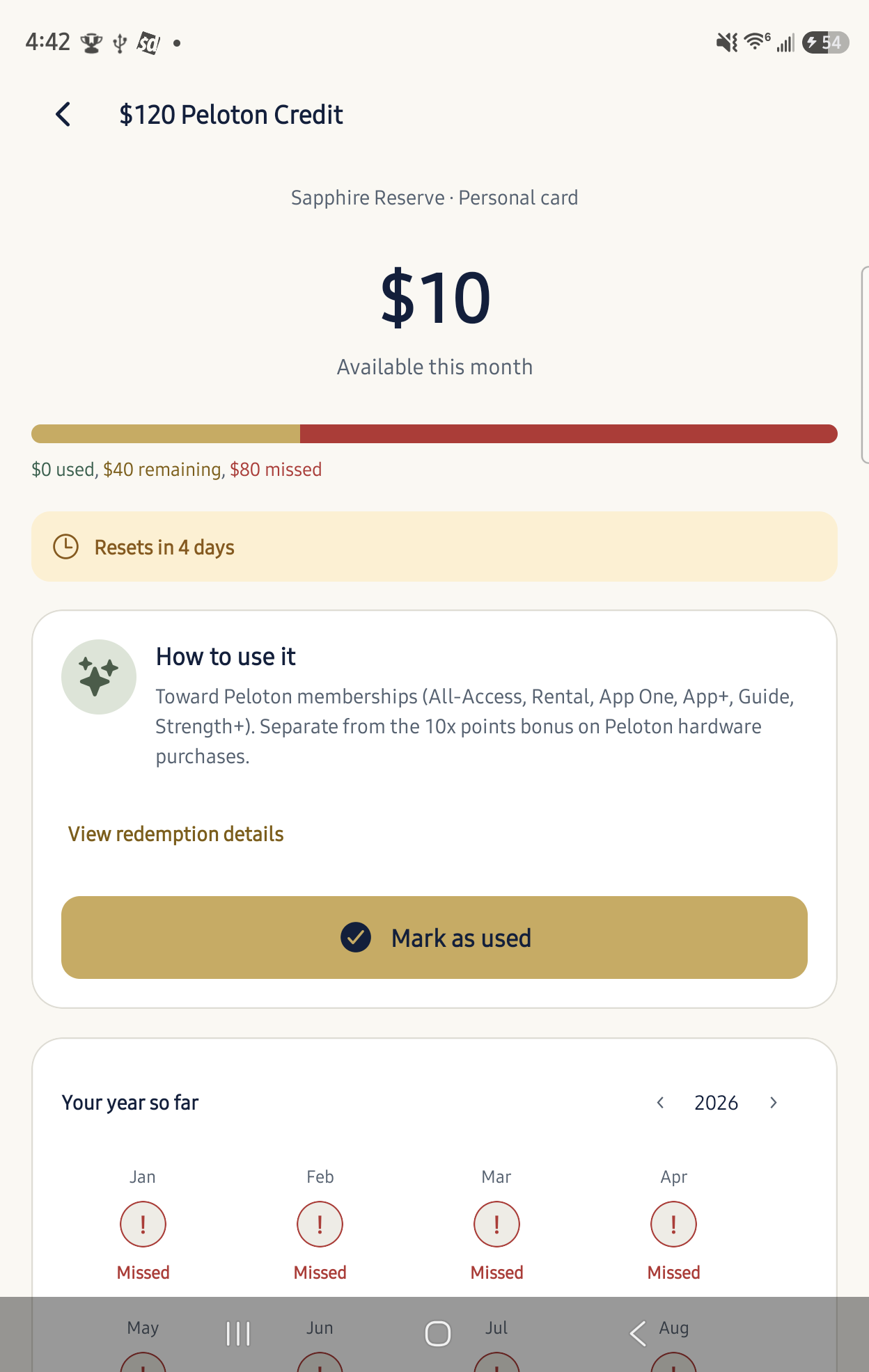 Benefit detail with available amount and reset countdown