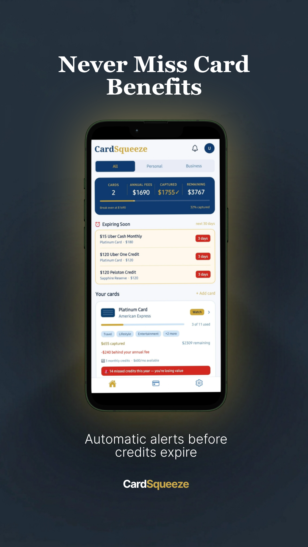 Never miss card benefits — home dashboard with expiring credits