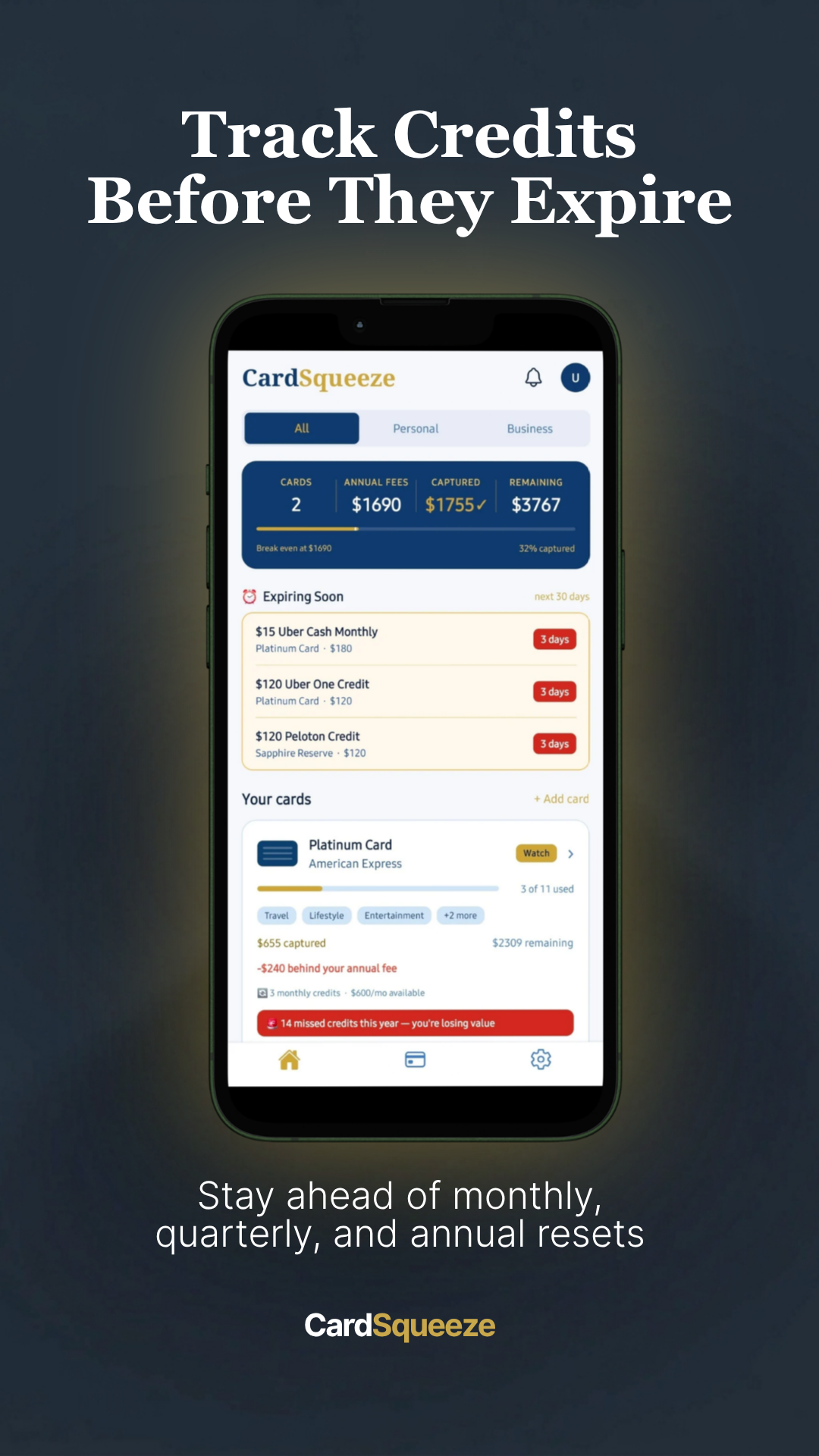Track credits before they expire — monthly, quarterly, and annual resets