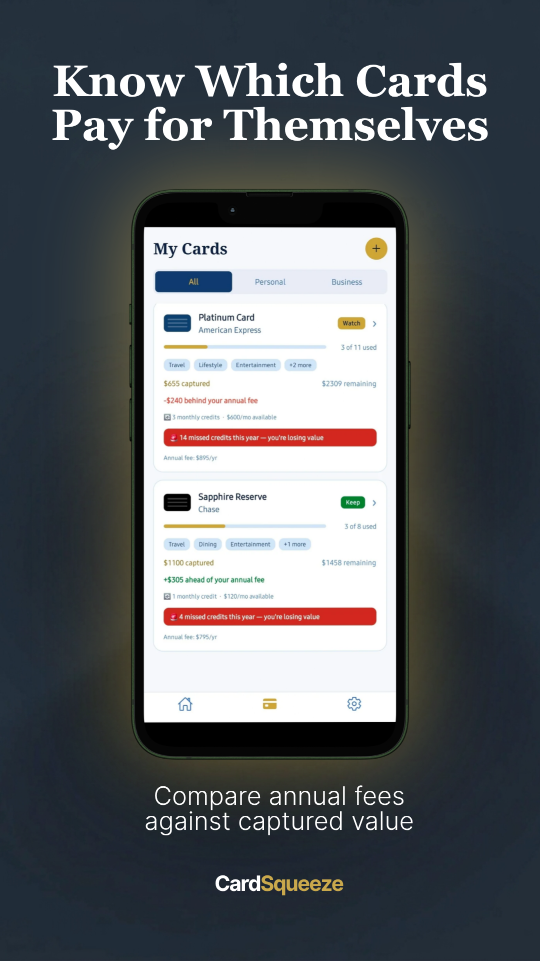 Know which cards pay for themselves — breakeven tracker