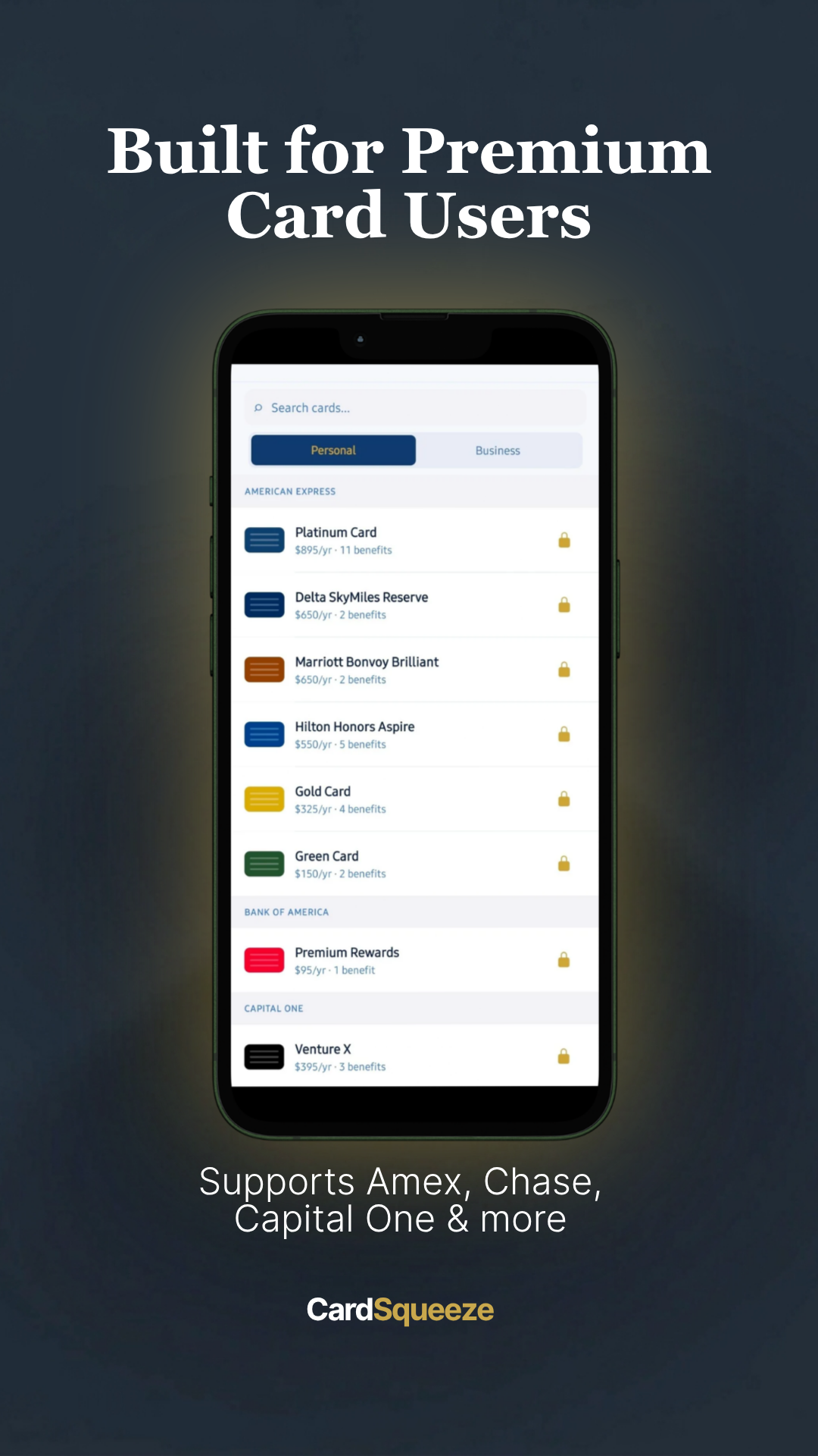 Built for premium card users — supports Amex, Chase, Capital One and more